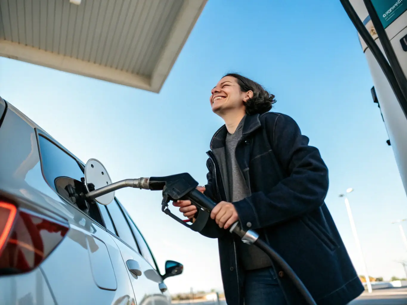 A person filling up their car at a gas station, representing the fuel cost calculator in a practical, everyday scenario.
