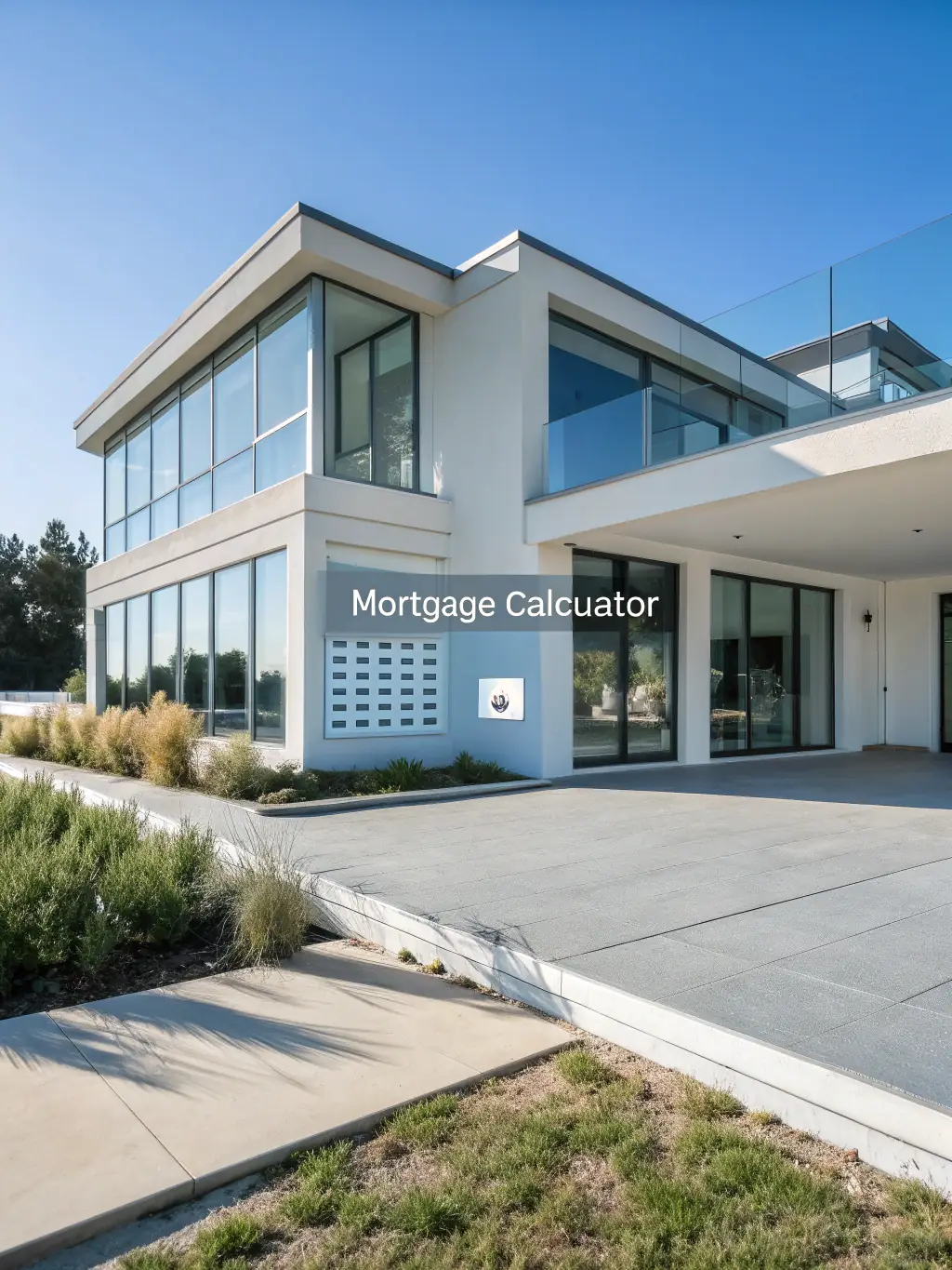 A modern house with a 'Mortgage Calculator' interface overlayed, suggesting easy mortgage calculations.
