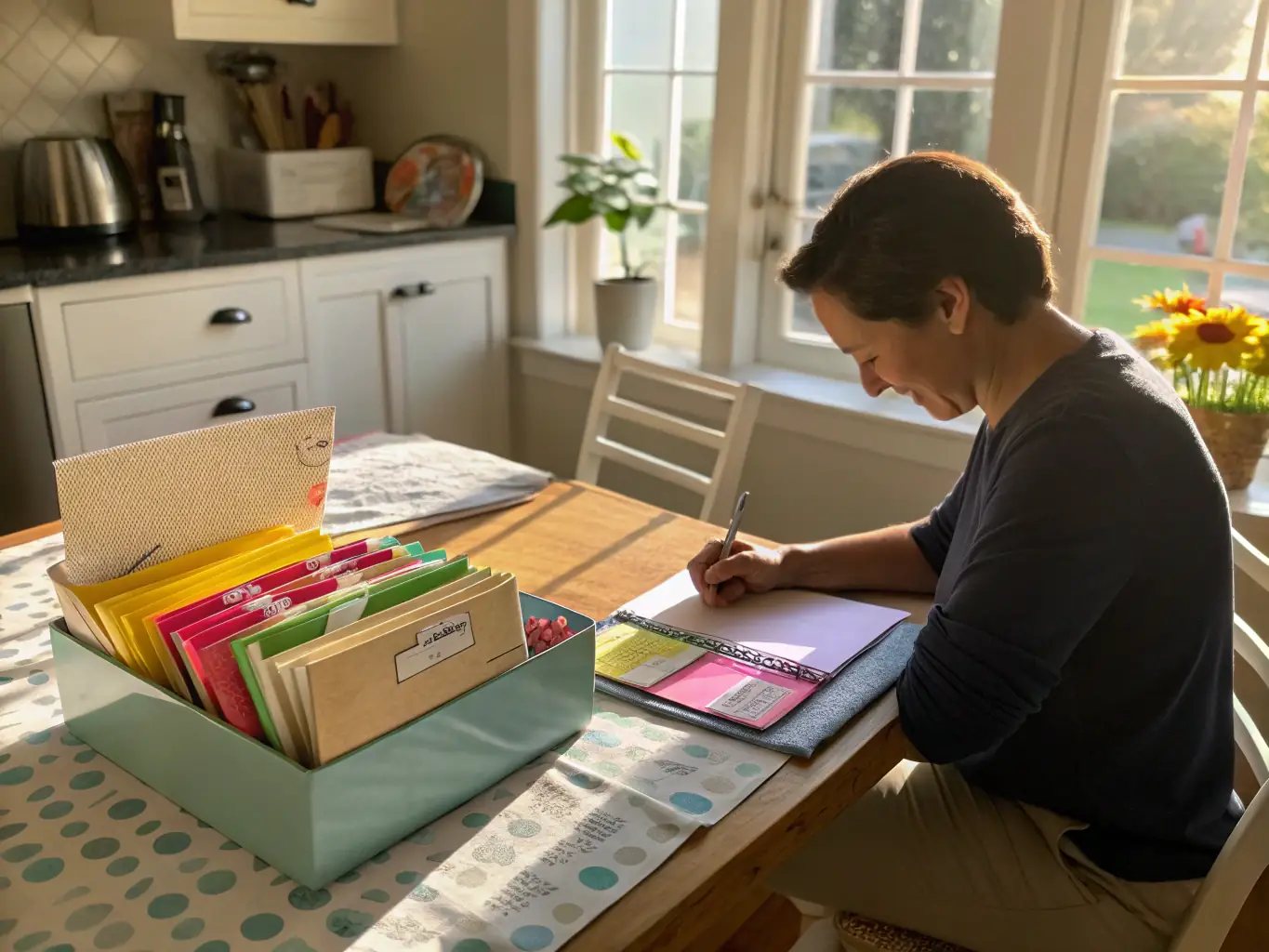 An image of a person planning a grocery list, representing the use of calculators in managing household expenses and planning meals.