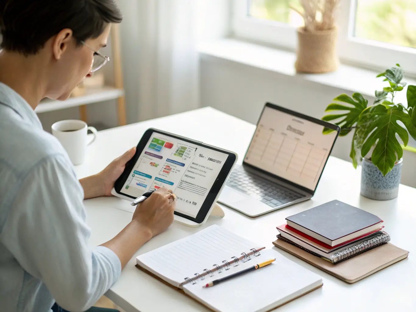 A person managing daily tasks and schedules on a tablet, representing the everyday life calculators category on RechnerExperte.