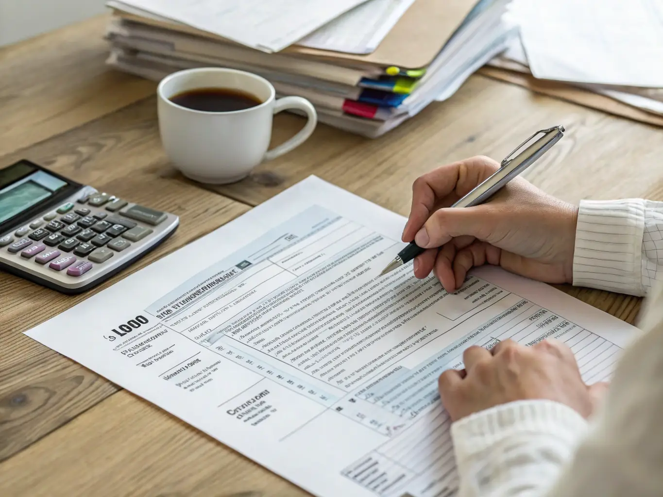 A person calculating taxes with a calculator and tax forms, emphasizing accuracy and compliance in financial matters.
